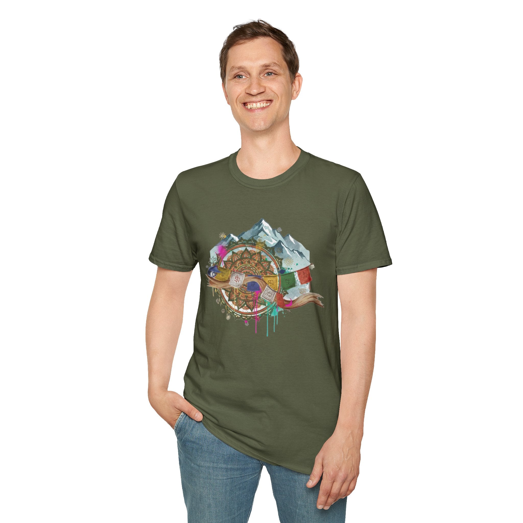 Adventure Compass T-Shirt — Mountain Compass with Prayer Flags & Colorful Globe