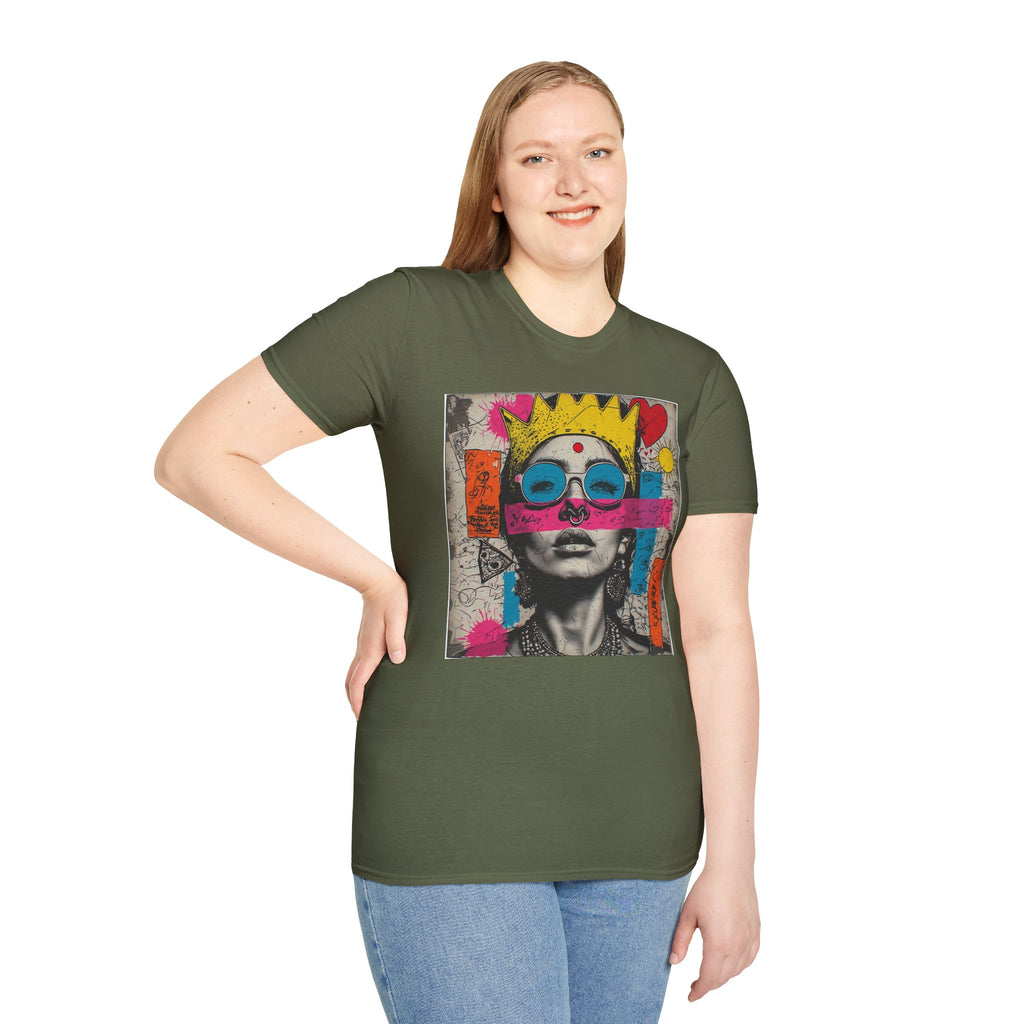 Abstract Pop Art Portrait T-Shirt — Neon Crown & Sunglasses Graphic