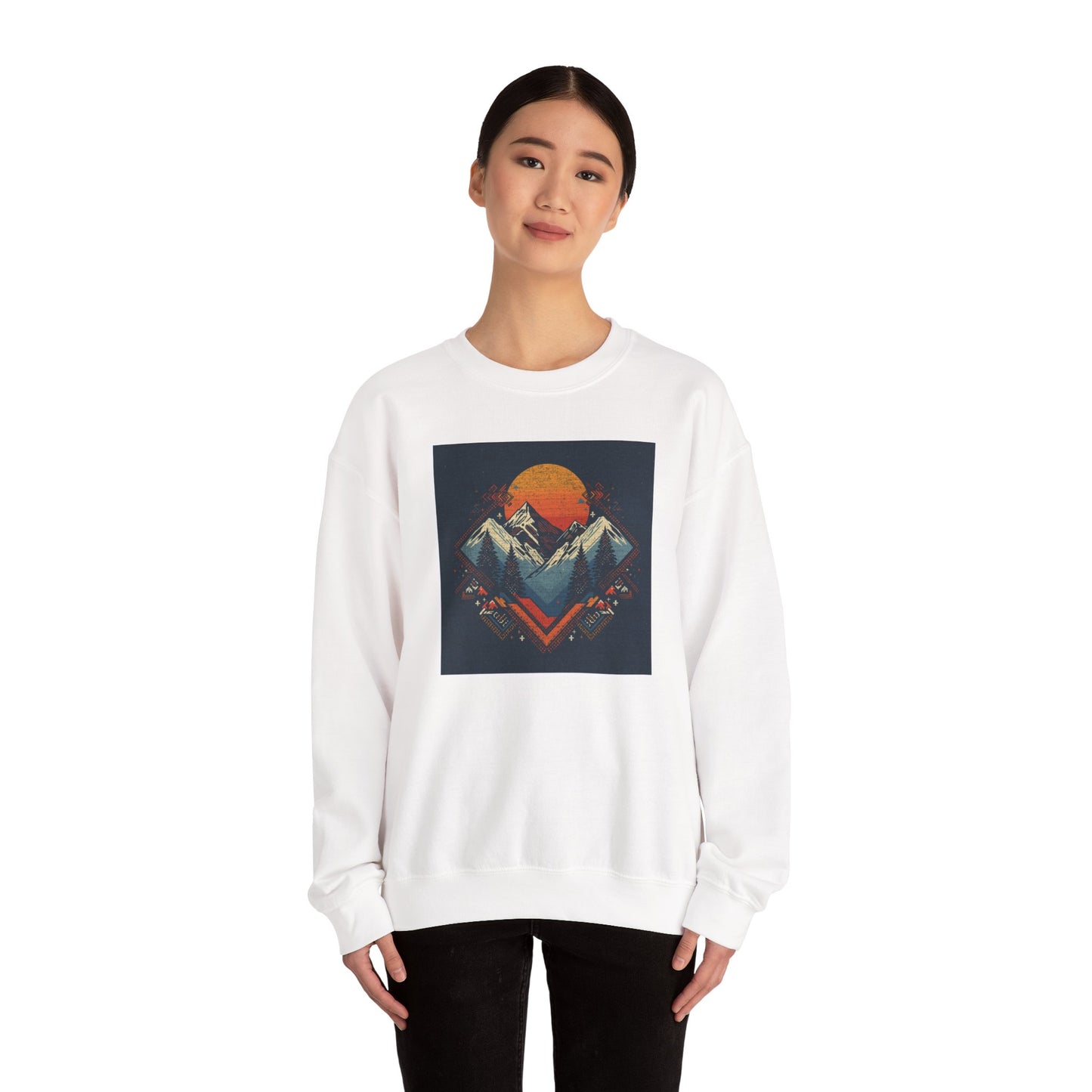 Mountain Sunset Crewneck Sweatshirt — Retro Geometric Peaks Graphic