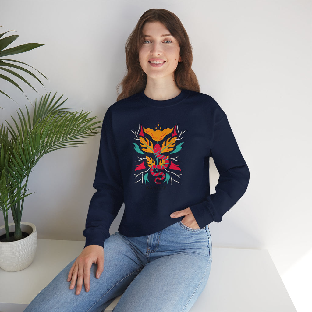 Sahajé Floral Snake Crewneck Sweatshirt — Colorful Botanical Serpent Graphic