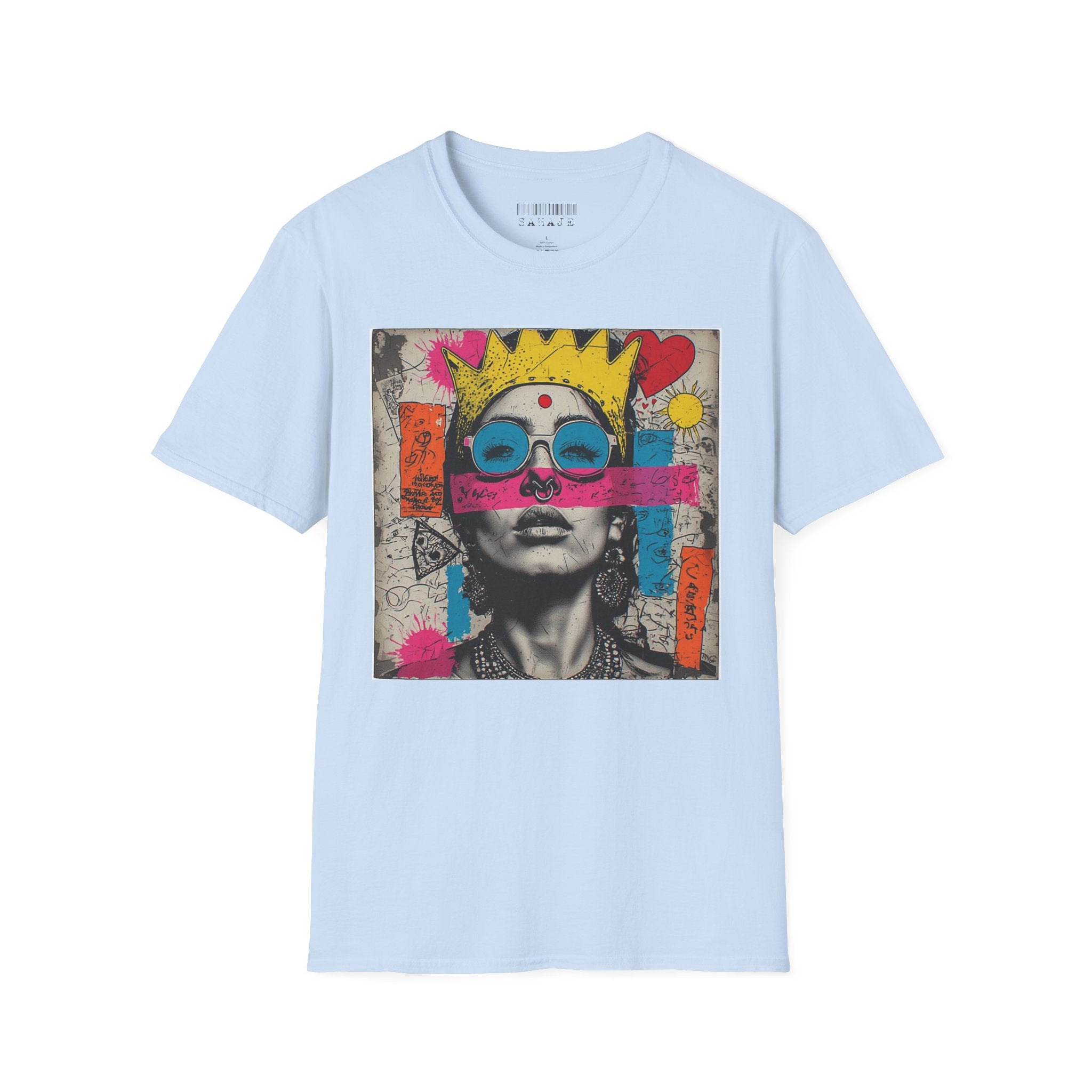 Abstract Pop Art Portrait T-Shirt — Neon Crown & Sunglasses Graphic