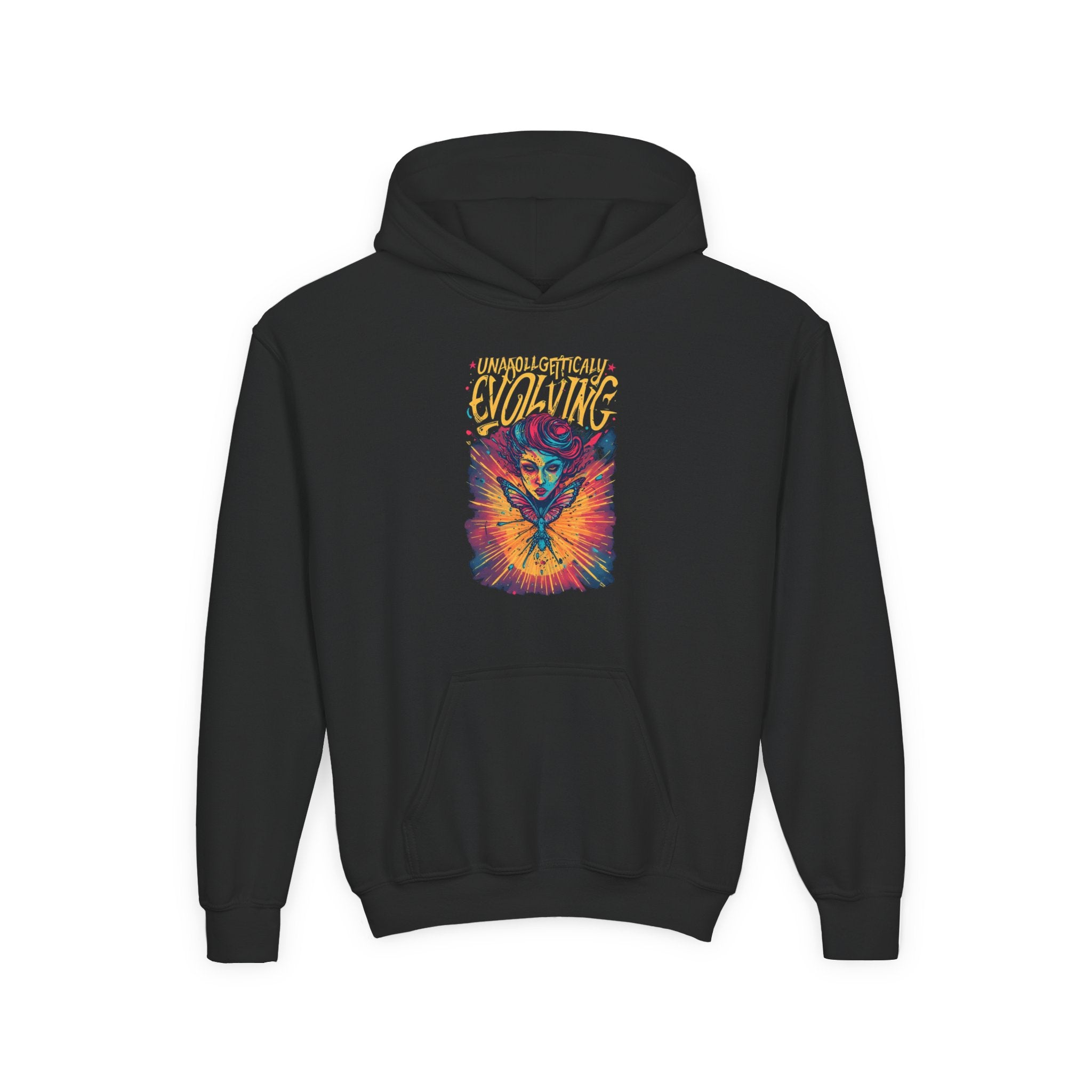 Youth Hoodie — Vibrant 'Evolving' Butterfly Girl Graphic Sweatshirt
