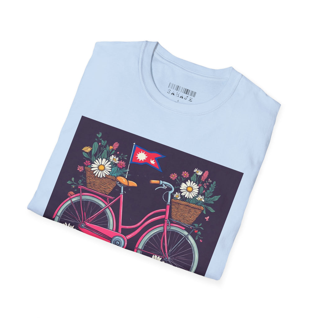 Bicycle Floral T-Shirt – Pink Bike with Baskets & "Sahaje" Text