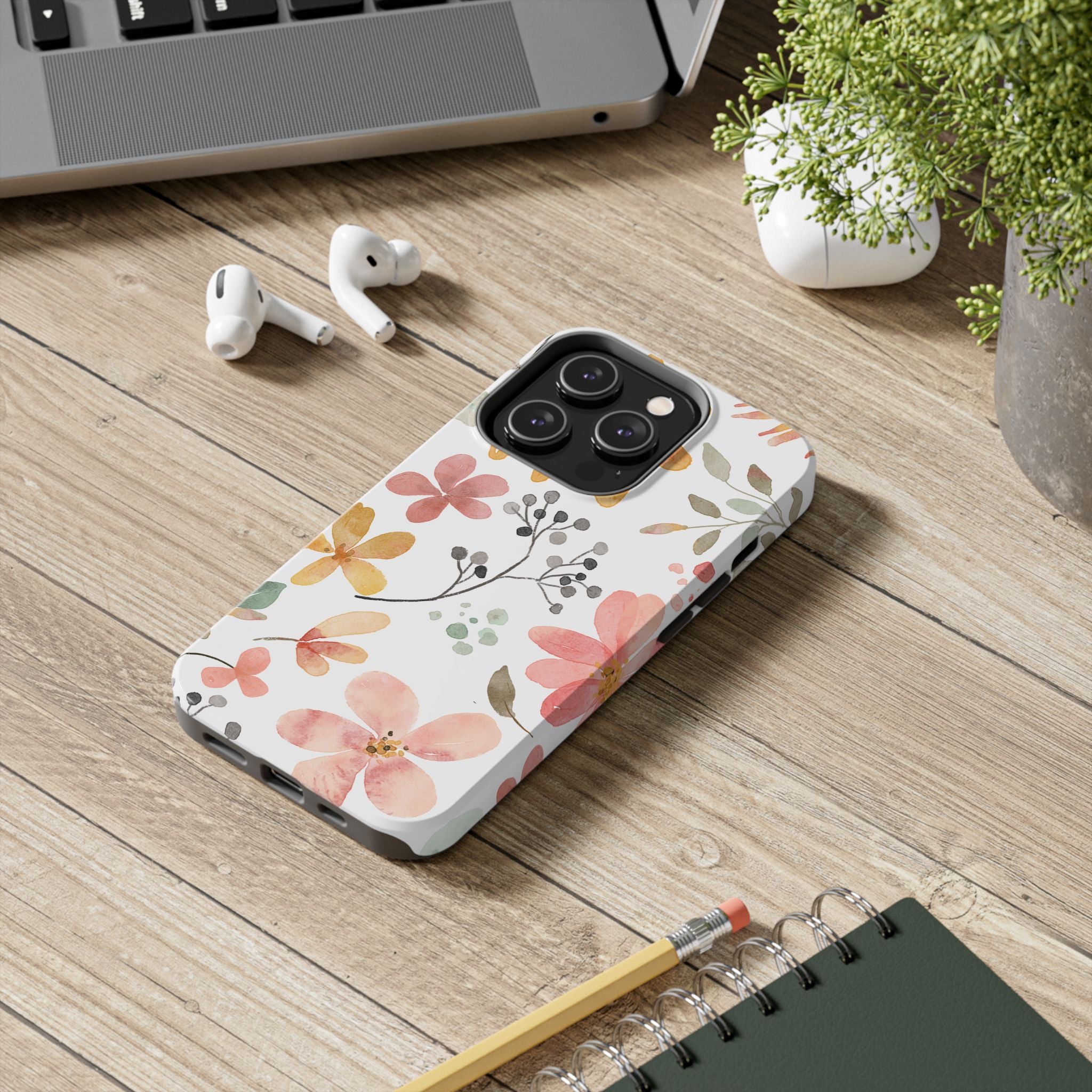 Floral Watercolor Tough Phone Case — Pink & Peach Botanical Protection