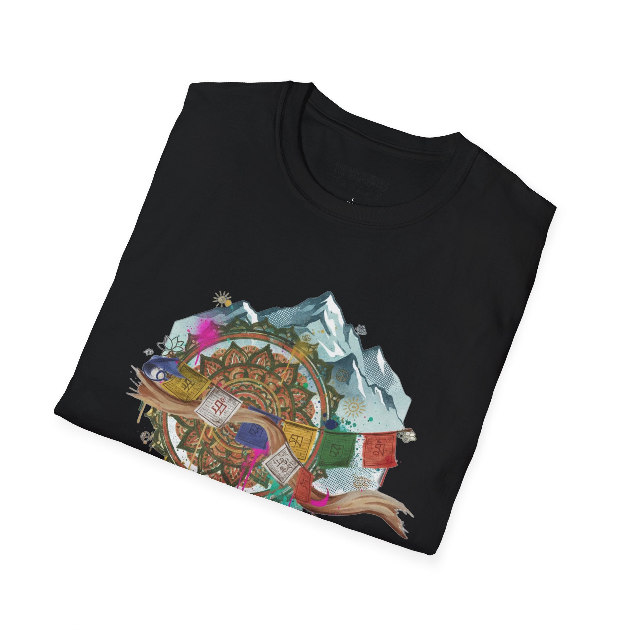 Adventure Compass T-Shirt — Mountain Compass with Prayer Flags & Colorful Globe