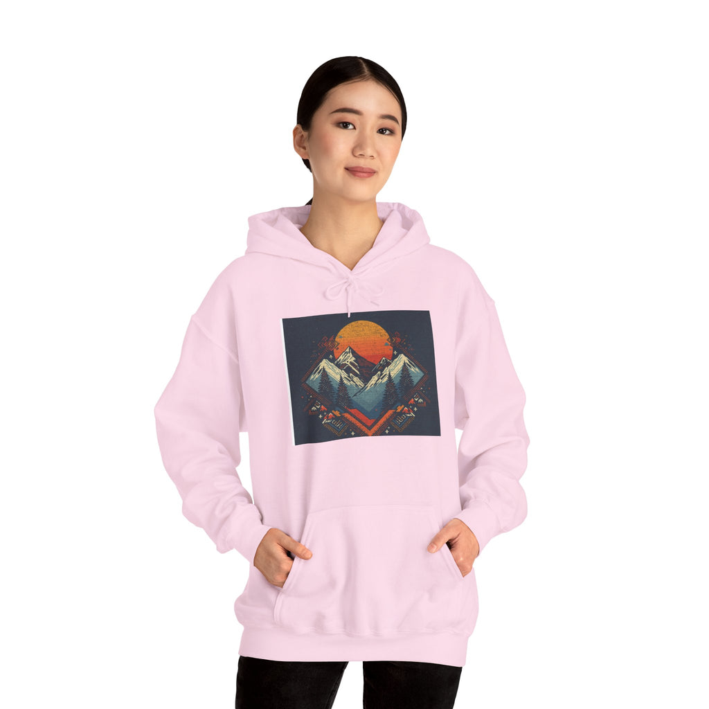 Mountain Sunset Hoodie – Retro Geometric Peaks & Rising Sun Sweatshirt