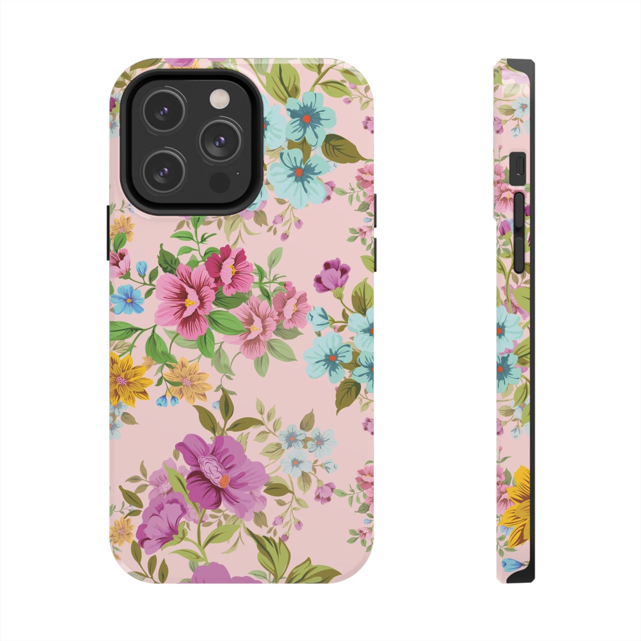 Floral Vintage Tough Phone Case — Pink Rose & Blue Blossom Protective Cover