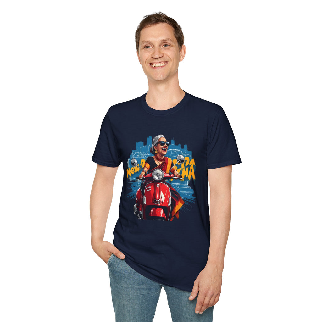 Newa Maicha Riding Scooter T-Shirt – Newari Woman in New York Graphic Tee, Cultural & Urban Design