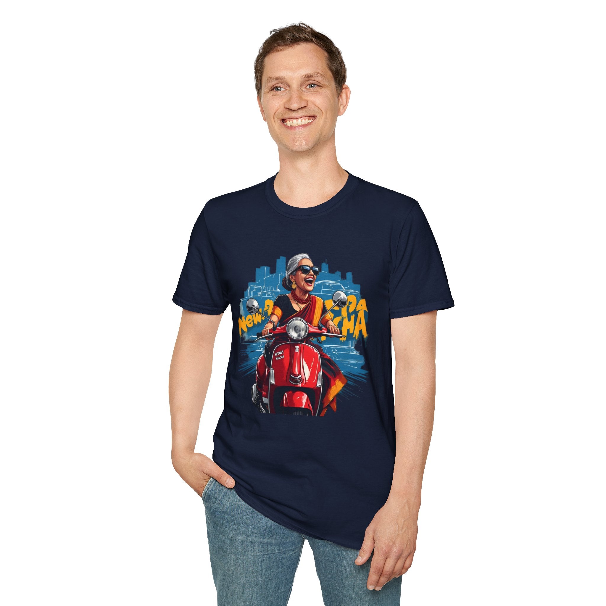 Newa Maicha Riding Scooter T-Shirt – Newari Woman in New York Graphic Tee, Cultural & Urban Design