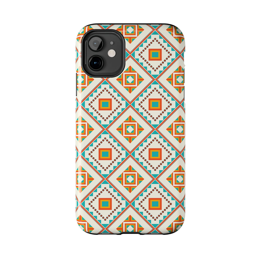 Tough Phone Case — Geometric Retro Tile Pattern, Orange & Teal Protective Cover