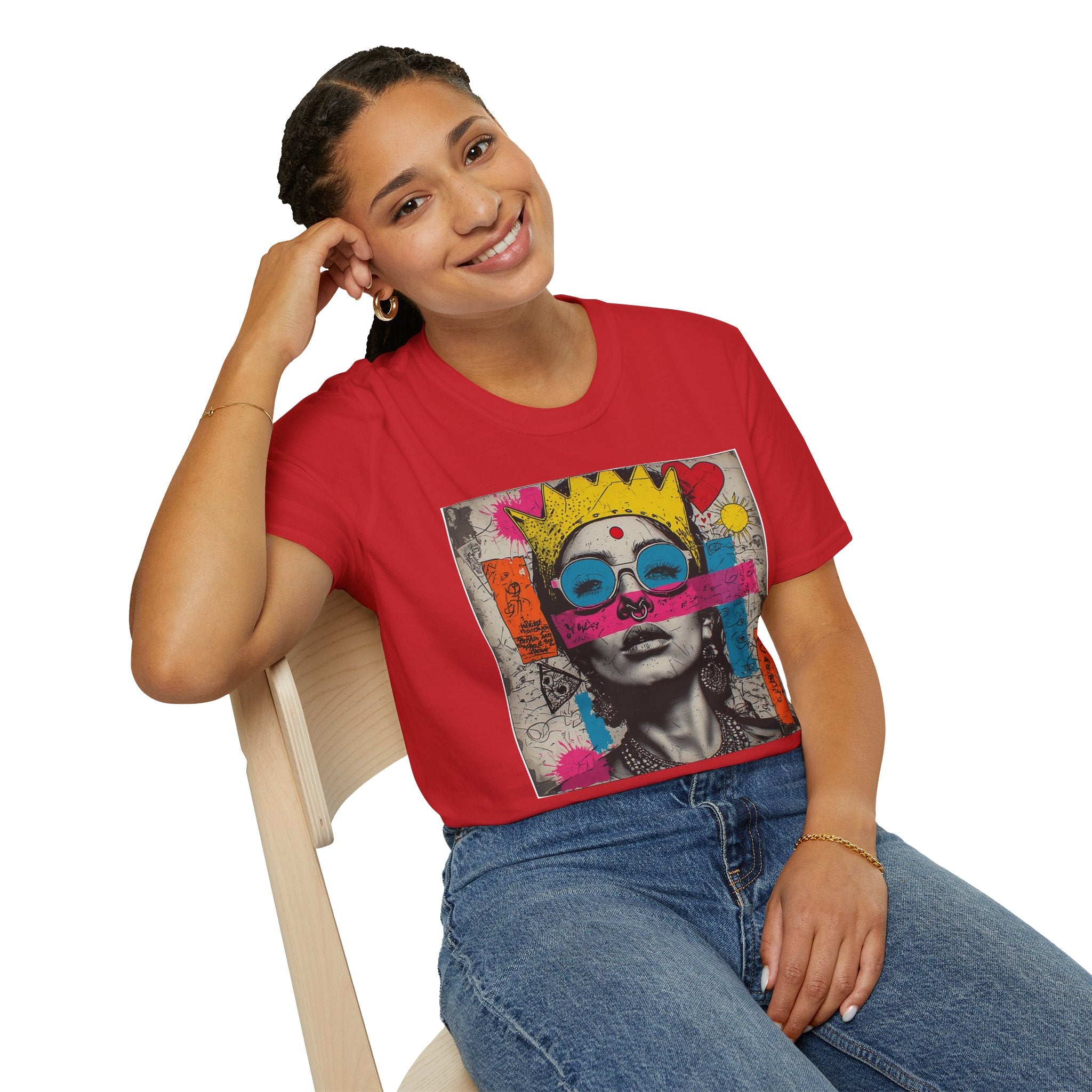 Abstract Pop Art Portrait T-Shirt — Neon Crown & Sunglasses Graphic