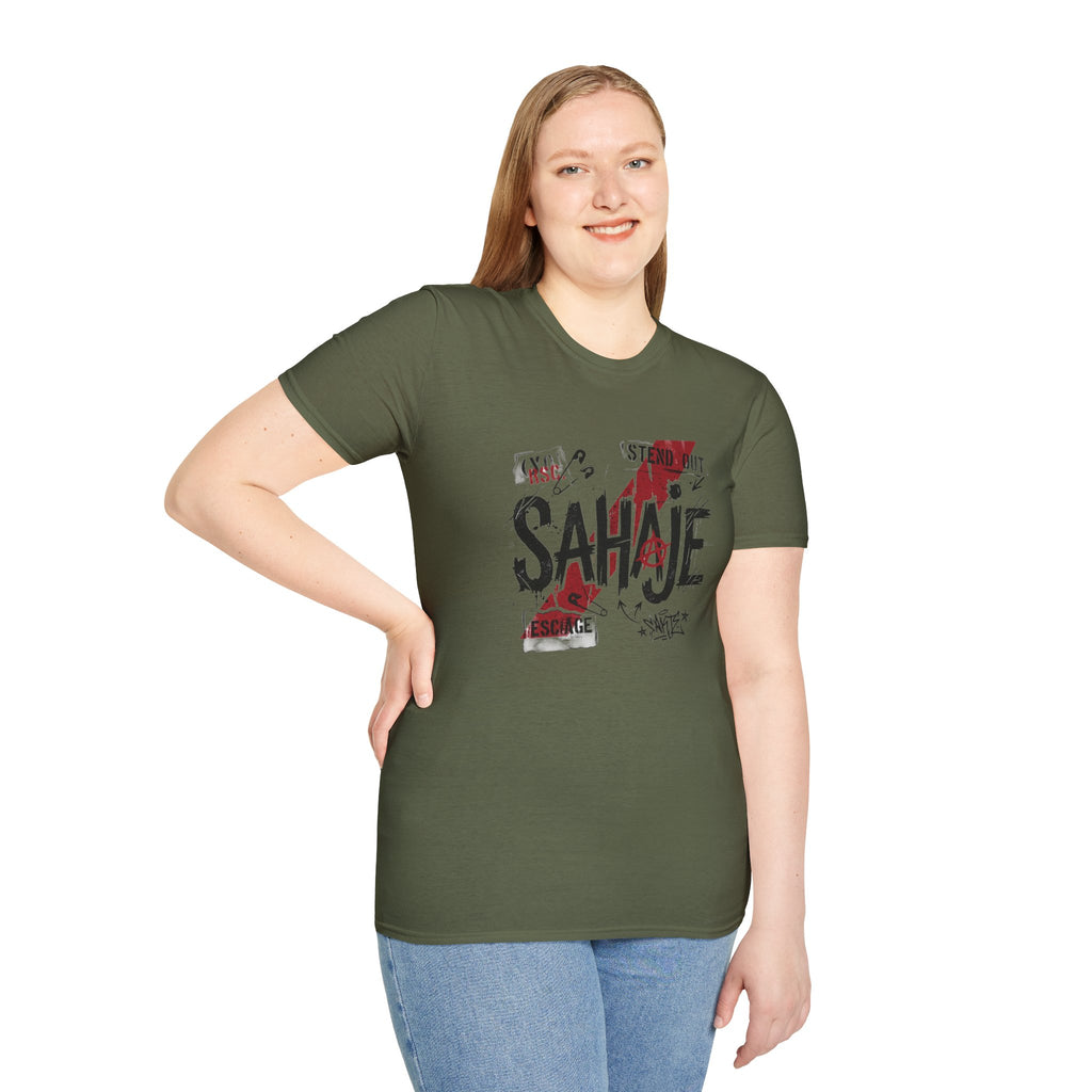 SAHAJE Graphic T‑Shirt — Distressed Red Accent Streetwear Tee