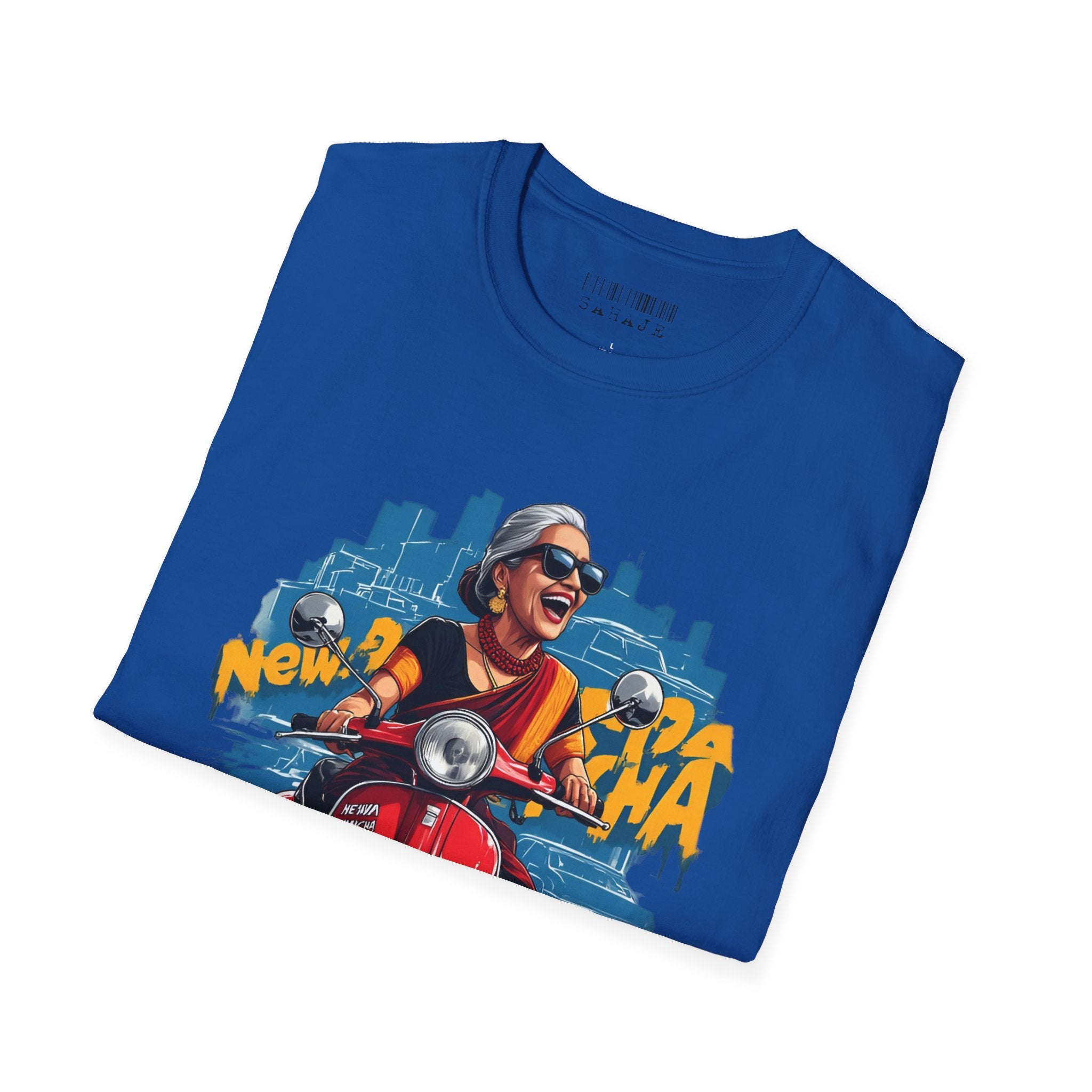 Newa Maicha Riding Scooter T-Shirt – Newari Woman in New York Graphic Tee, Cultural & Urban Design