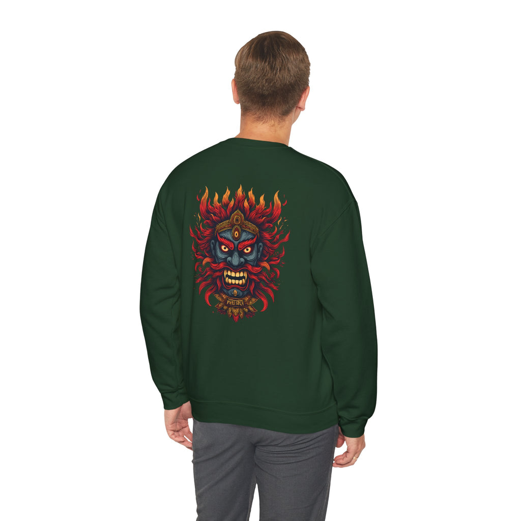 Crewneck Sweatshirt — Fiery Demon Mask Back Graphic
