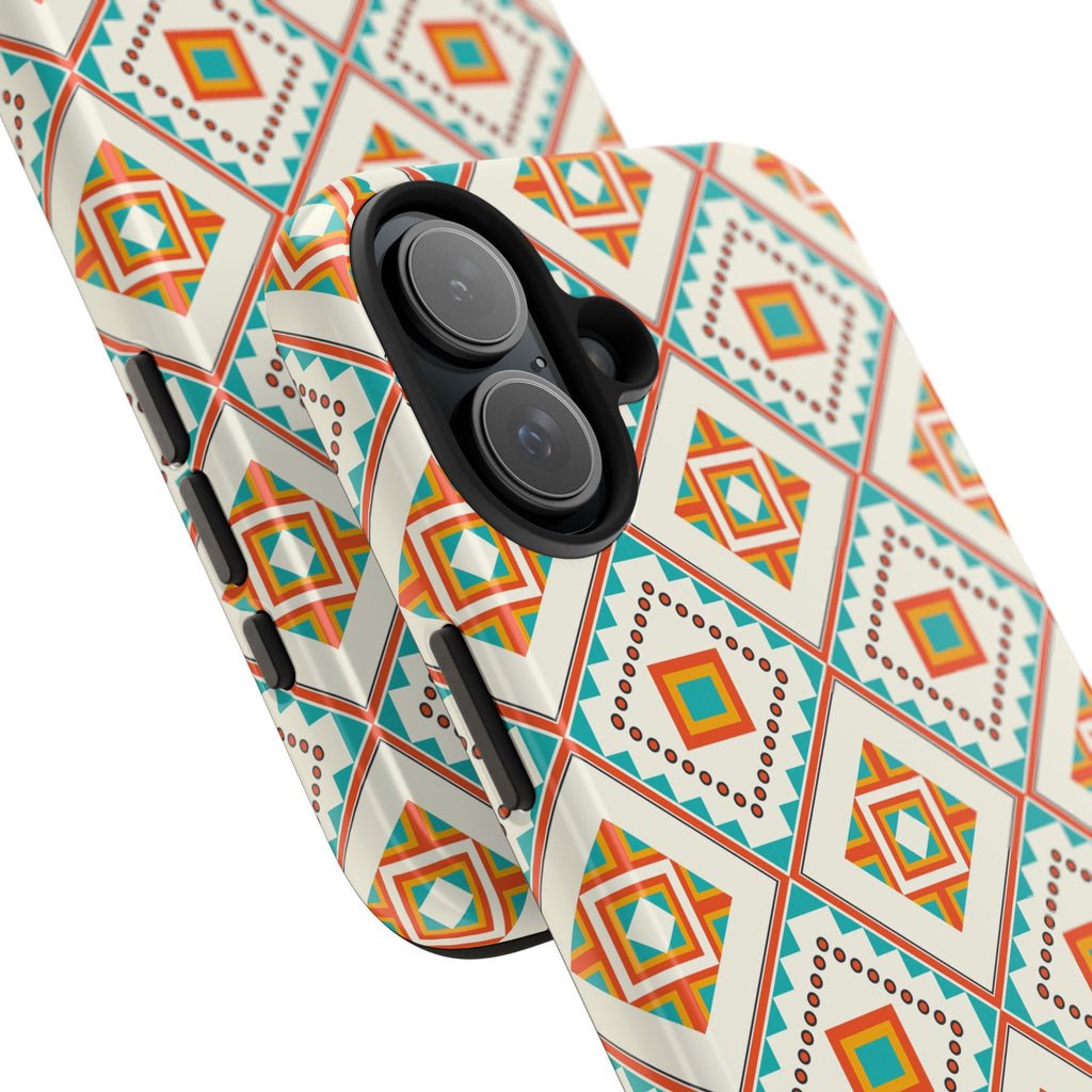 Tough Phone Case — Geometric Retro Tile Pattern, Orange & Teal Protective Cover