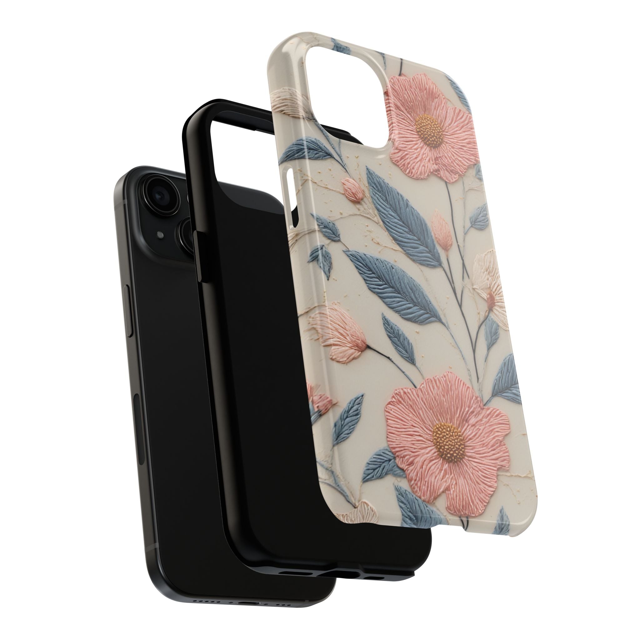 Floral Embroidered Tough Phone Case — Pink Blossom Protective Phone Cover
