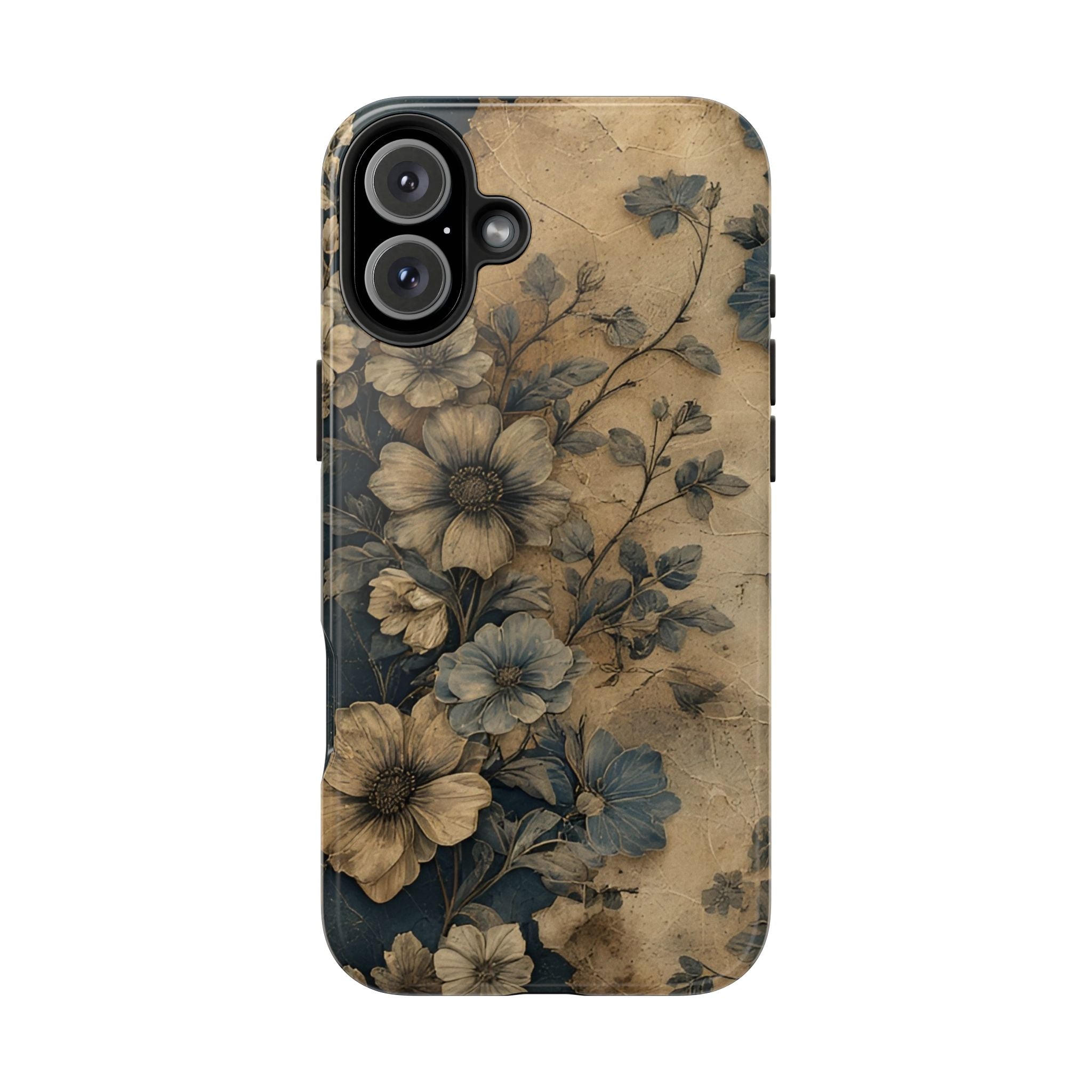 Vintage Floral Tough Phone Case — Antique Beige & Navy Protective Cover