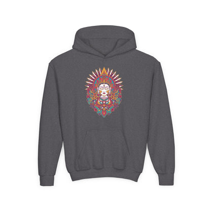 Youth Hoodie with Colorful Sugar Skull Goddess Design — Day of the Dead Kids Pullover