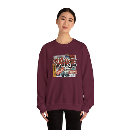 Crewneck Sweatshirt — 'Sahaje' Vintage Sticker Collage Graphic