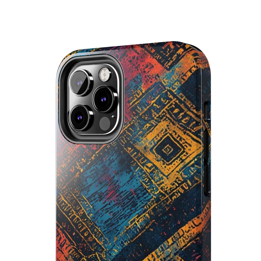 Tough Phone Case – Abstract Rustic Geometric Design (Blue, Orange, Magenta)