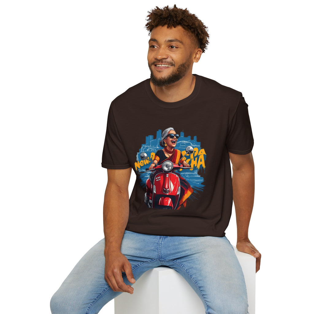 Newa Maicha Riding Scooter T-Shirt – Newari Woman in New York Graphic Tee, Cultural & Urban Design