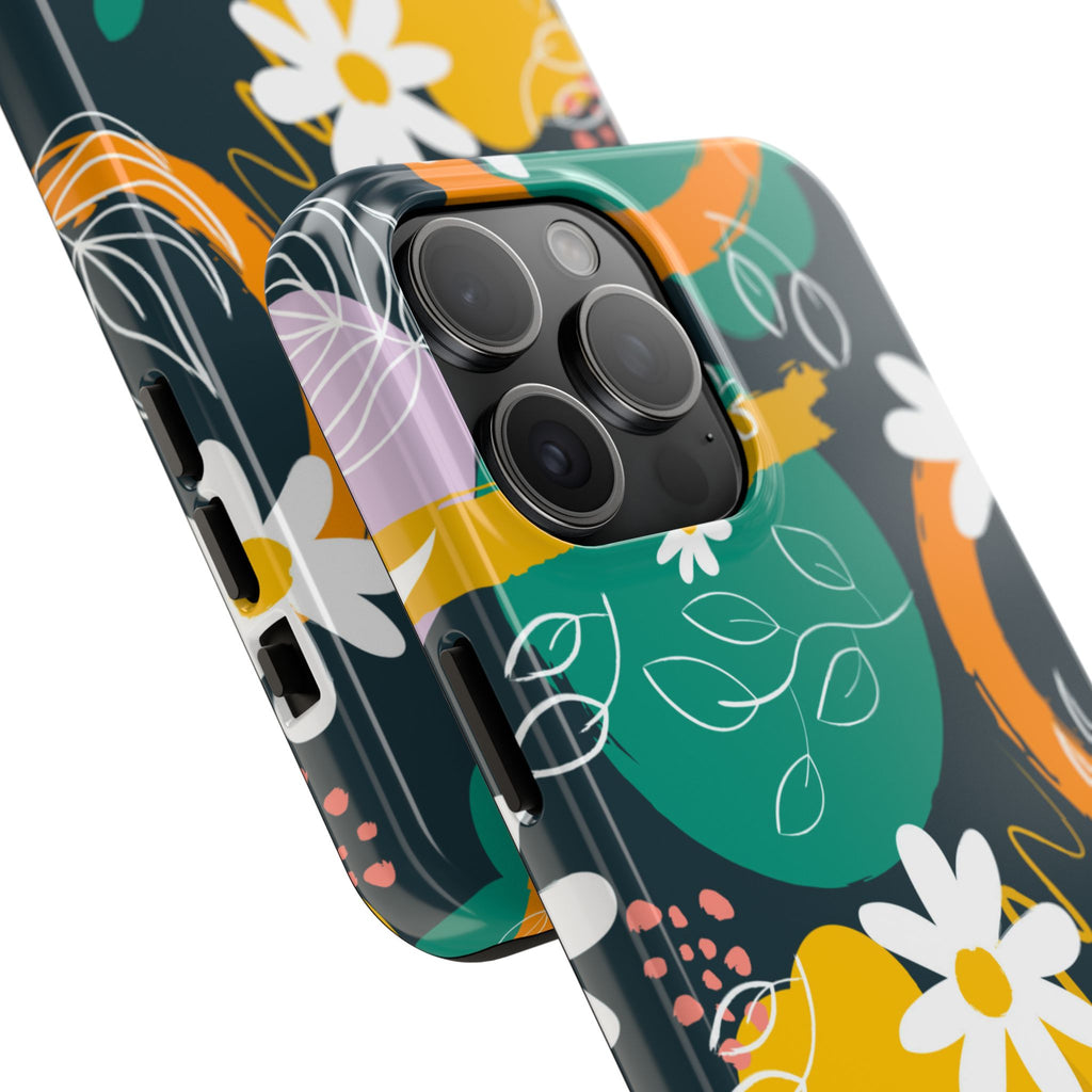 Floral Abstract Tough Phone Case — Colorful Daisies & Brushstroke Design