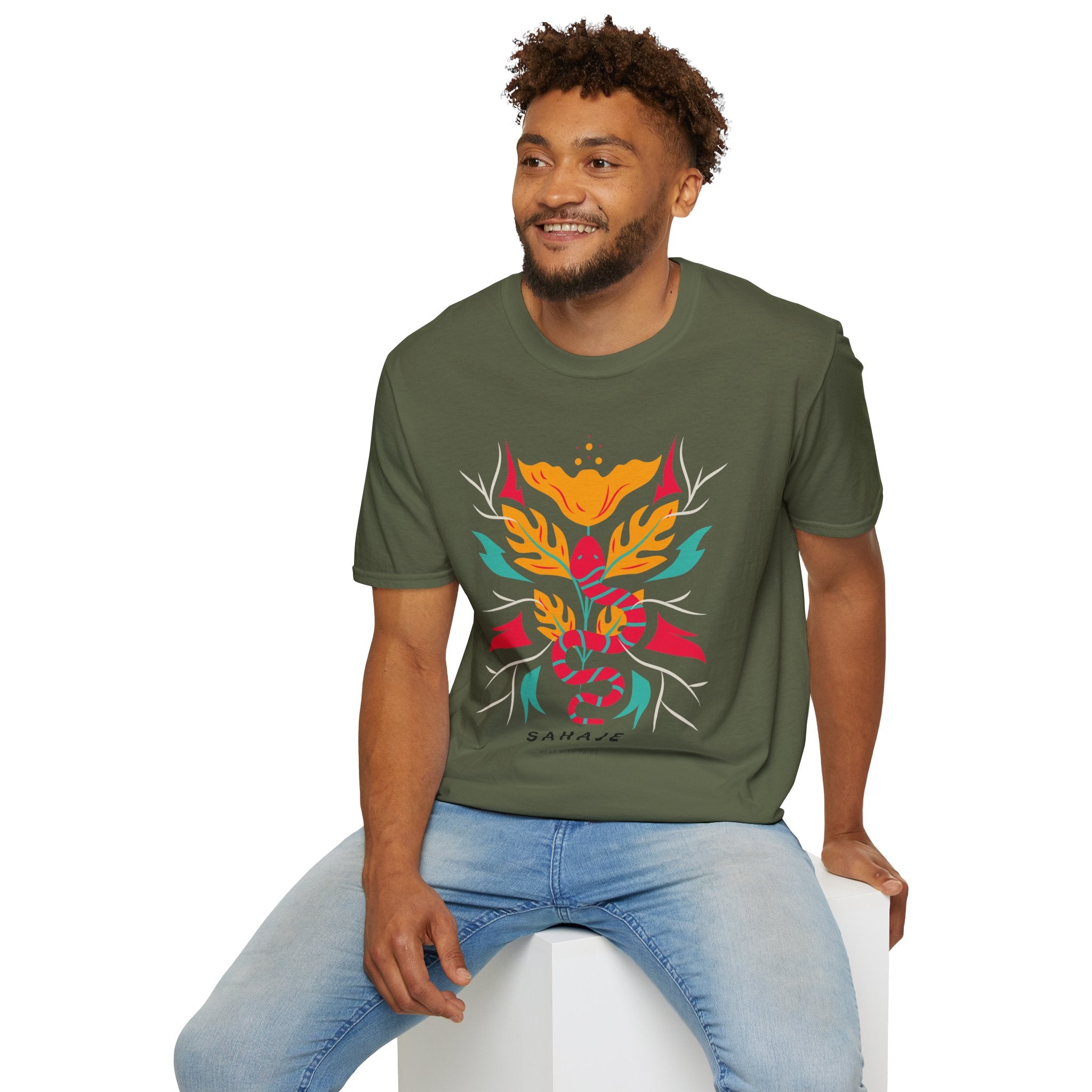 Sahaje Floral Snake Graphic T‑Shirt — Colorful Botanical Serpent Tee