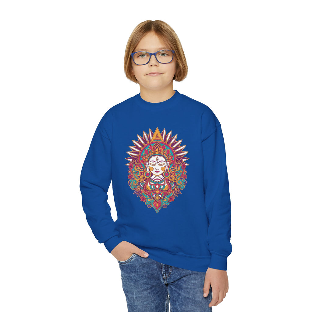 Youth Crewneck Sweatshirt — Colorful Boho Sun Goddess Graphic