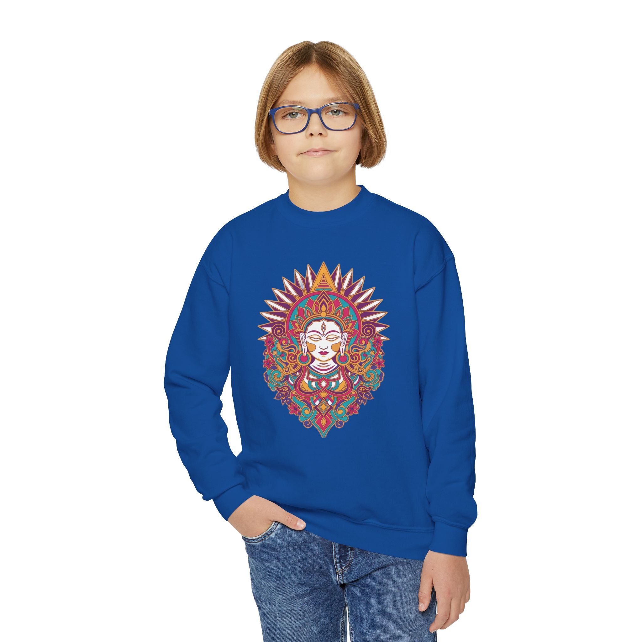 Youth Crewneck Sweatshirt — Colorful Boho Sun Goddess Graphic