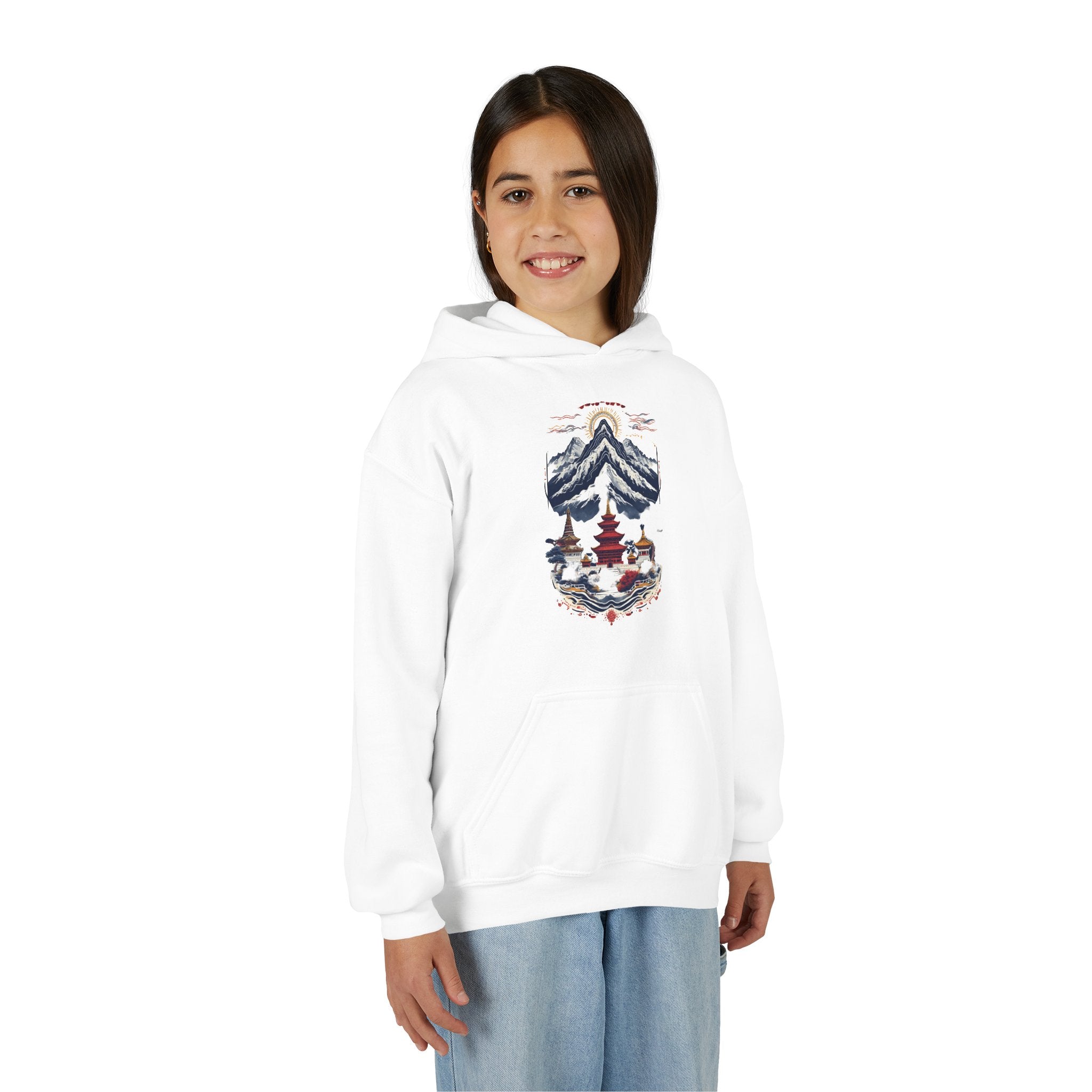 Youth Hoodie — Mountain Pagoda Watercolor Graphic (Asian Temple Winter Vibe)