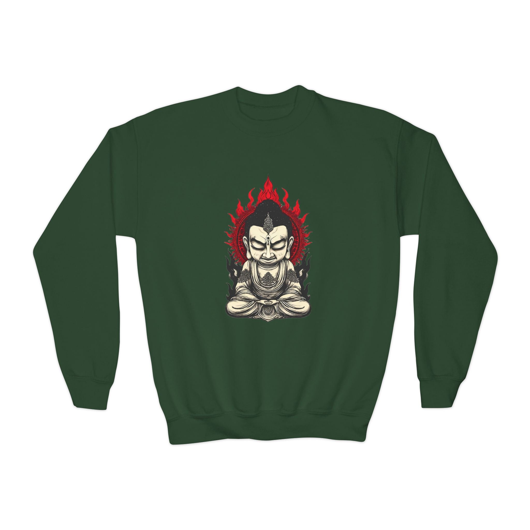 Flaming Meditating Buddha Youth Crewneck Sweatshirt — Zen Graphic Sweater for Kids