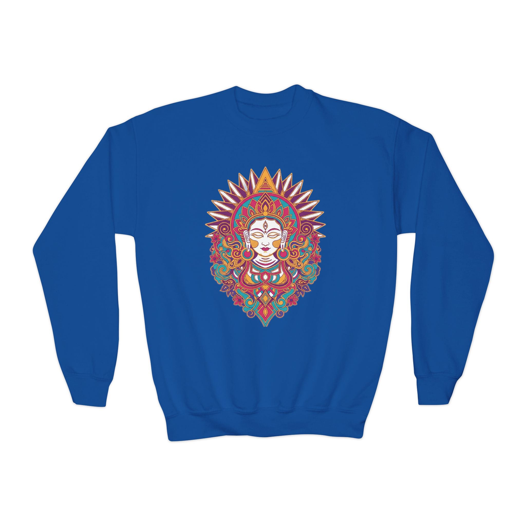 Youth Crewneck Sweatshirt — Colorful Boho Sun Goddess Graphic