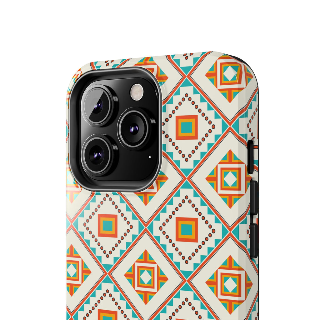Tough Phone Case — Geometric Retro Tile Pattern, Orange & Teal Protective Cover