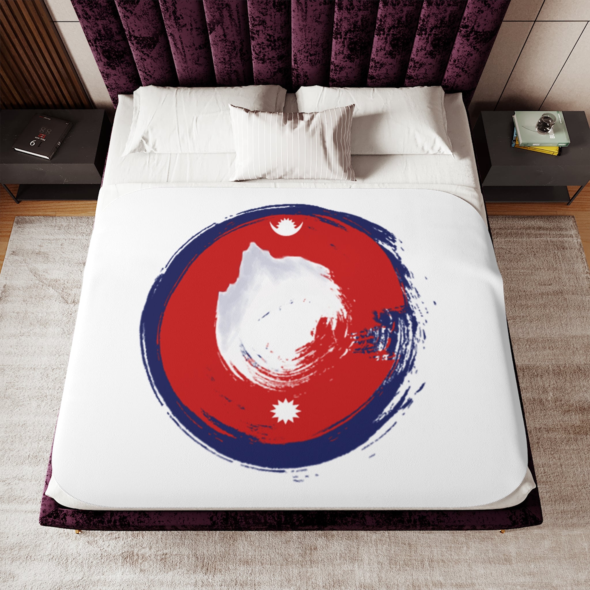 Nepal Circle Brush Sherpa Blanket — Red & Blue Mandala Fleece Throw