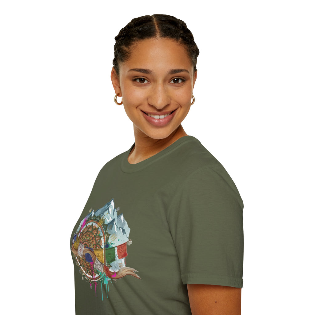 Adventure Compass T-Shirt — Mountain Compass with Prayer Flags & Colorful Globe