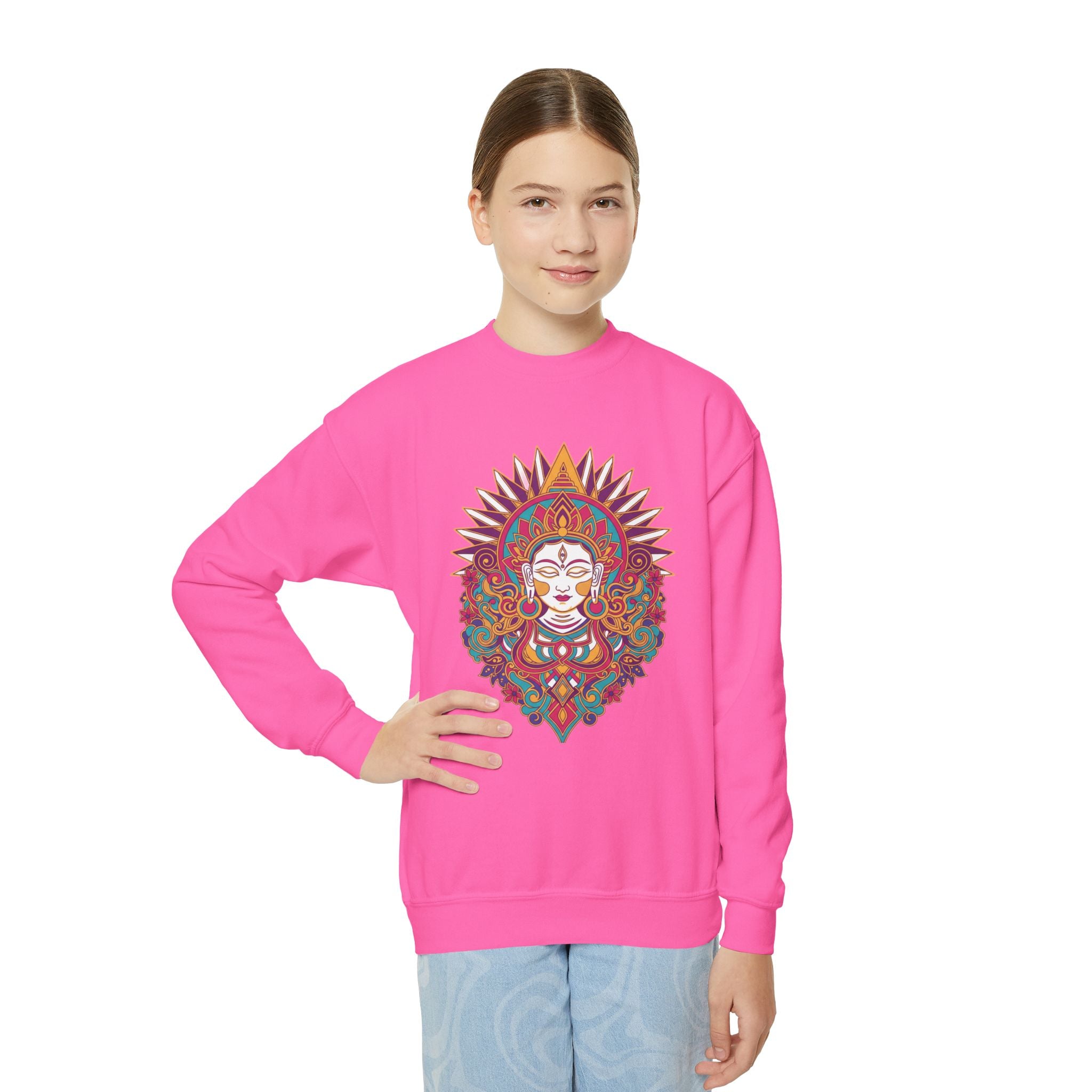 Youth Crewneck Sweatshirt — Colorful Boho Sun Goddess Graphic