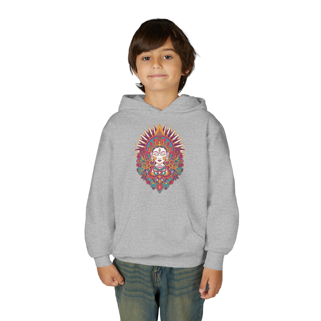 Youth Hoodie with Colorful Sugar Skull Goddess Design — Day of the Dead Kids Pullover