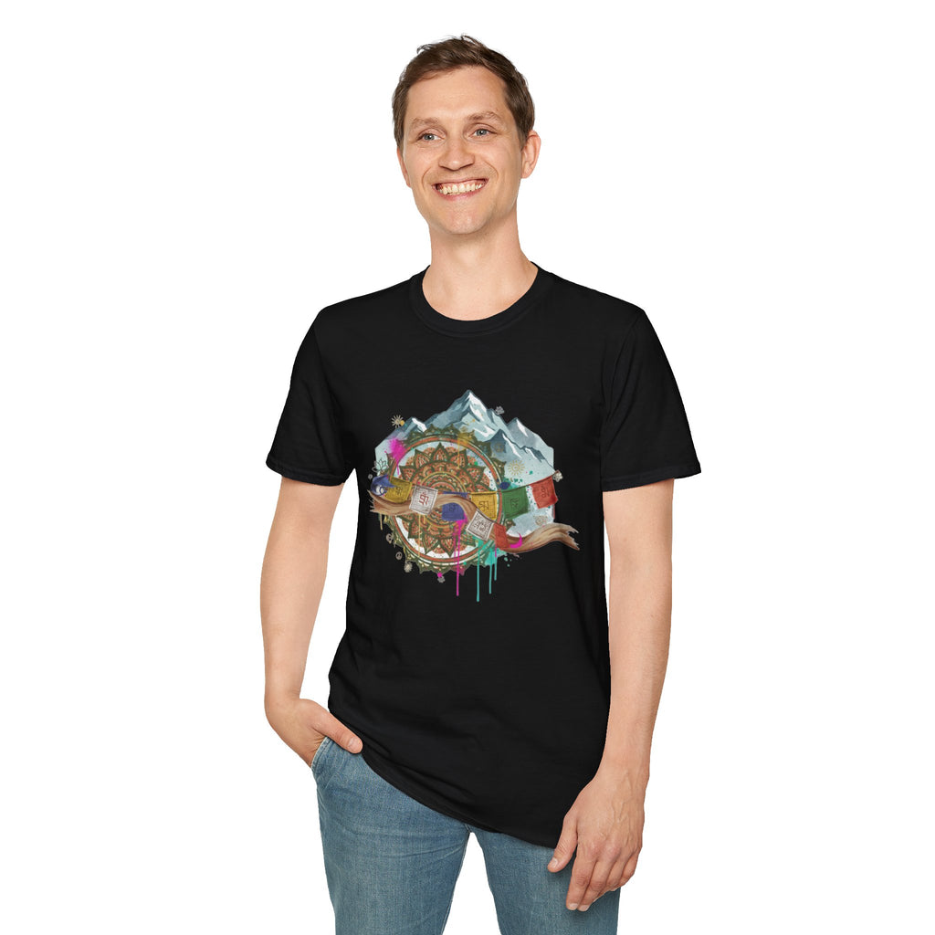 Adventure Compass T-Shirt — Mountain Compass with Prayer Flags & Colorful Globe