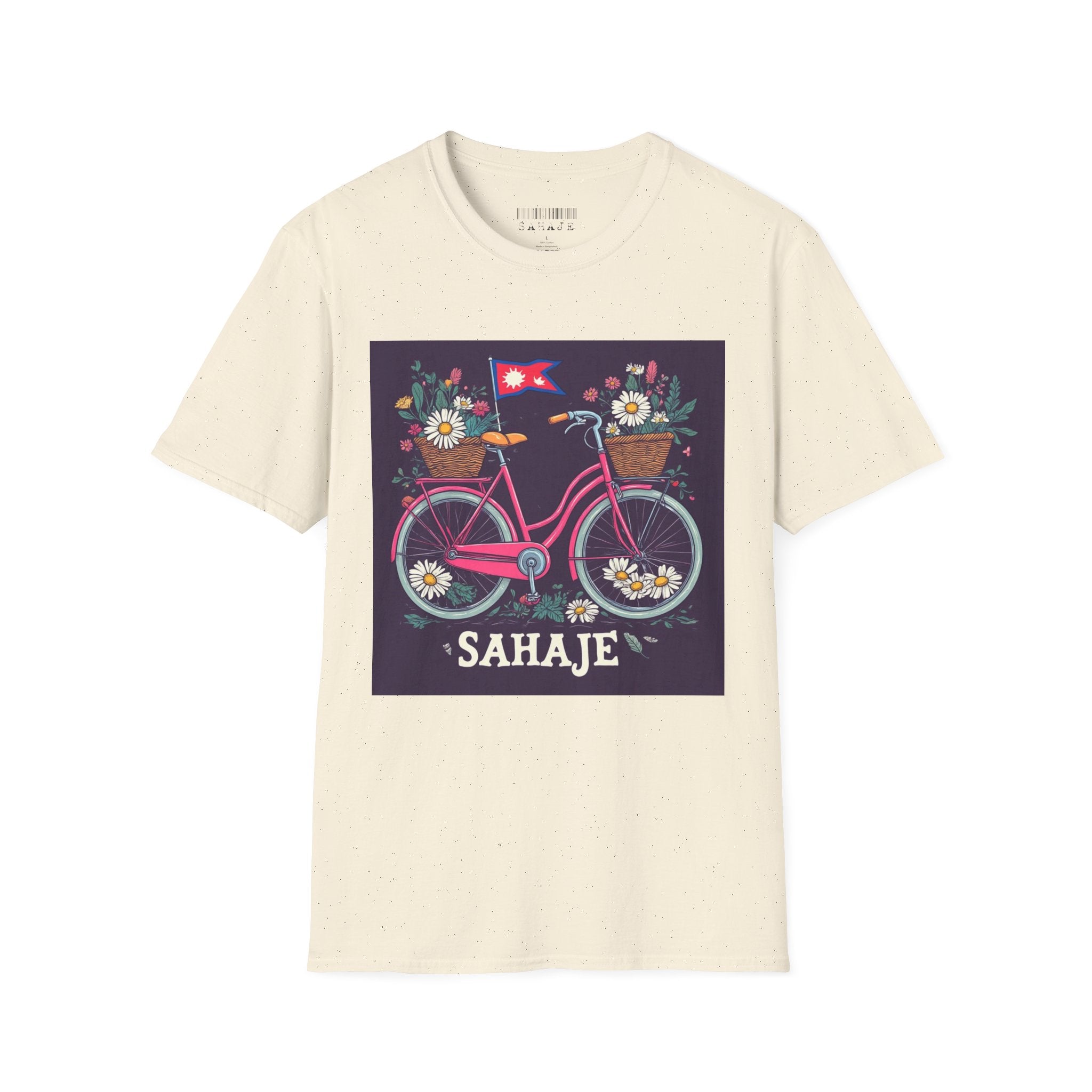 Bicycle Floral T-Shirt – Pink Bike with Baskets & "Sahaje" Text