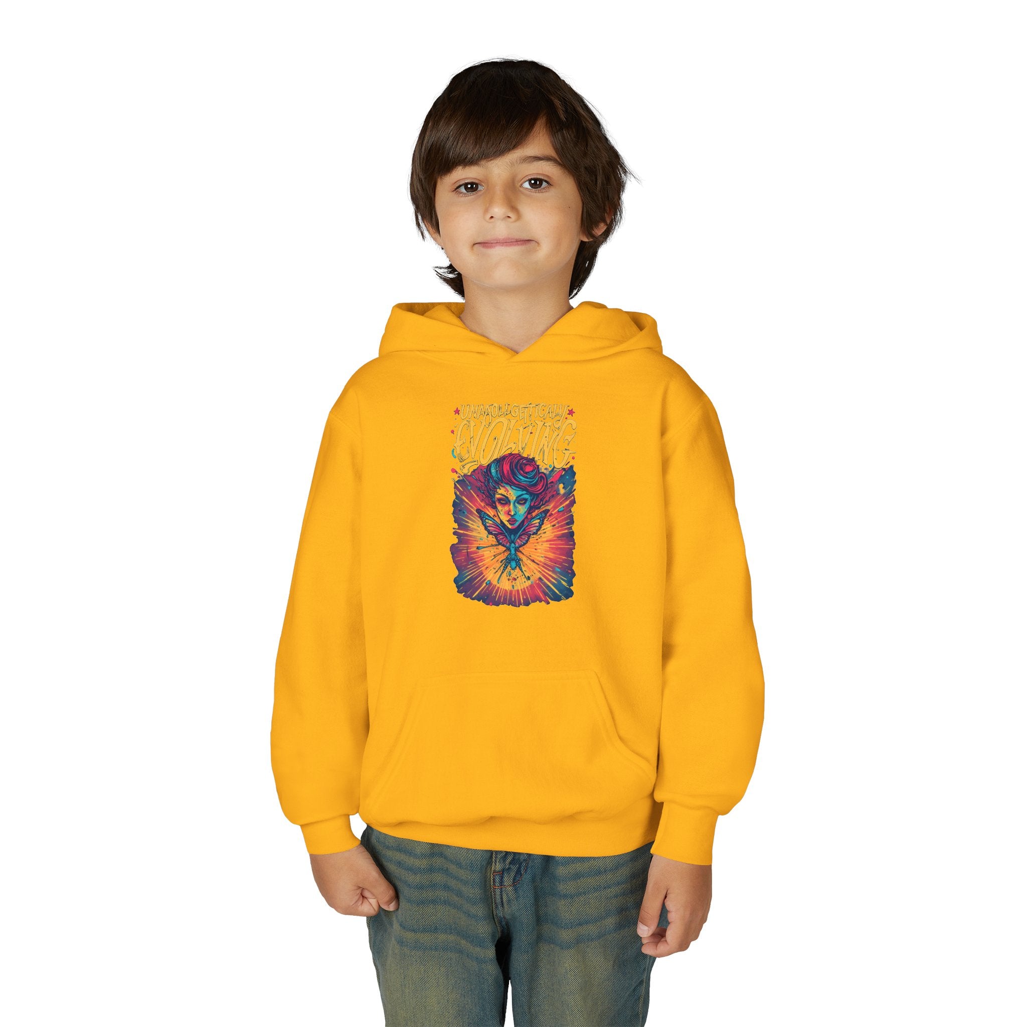 Youth Hoodie — Vibrant 'Evolving' Butterfly Girl Graphic Sweatshirt