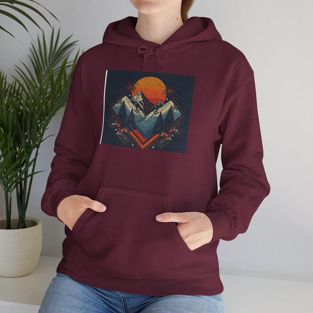 Mountain Sunset Hoodie – Retro Geometric Peaks & Rising Sun Sweatshirt