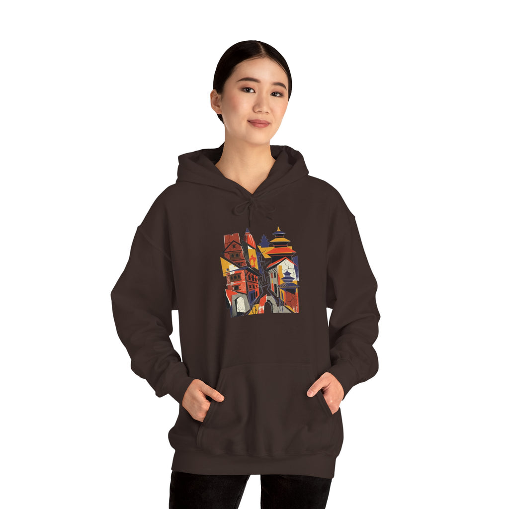 Cityscape Collage Hoodie — Colorful Urban Architecture Graphic Hoodie