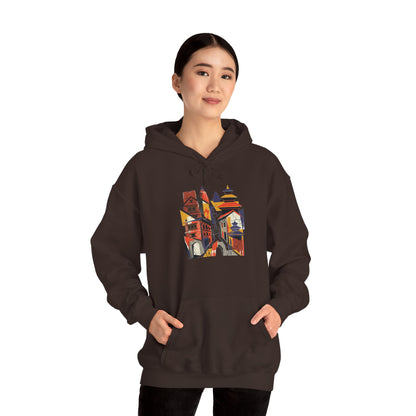 Cityscape Collage Hoodie — Colorful Urban Architecture Graphic Hoodie
