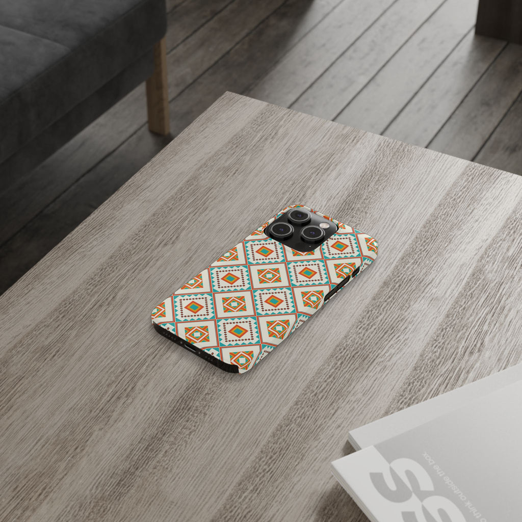 Slim Phone Case — Retro Geometric Tile Pattern (Turquoise & Orange)