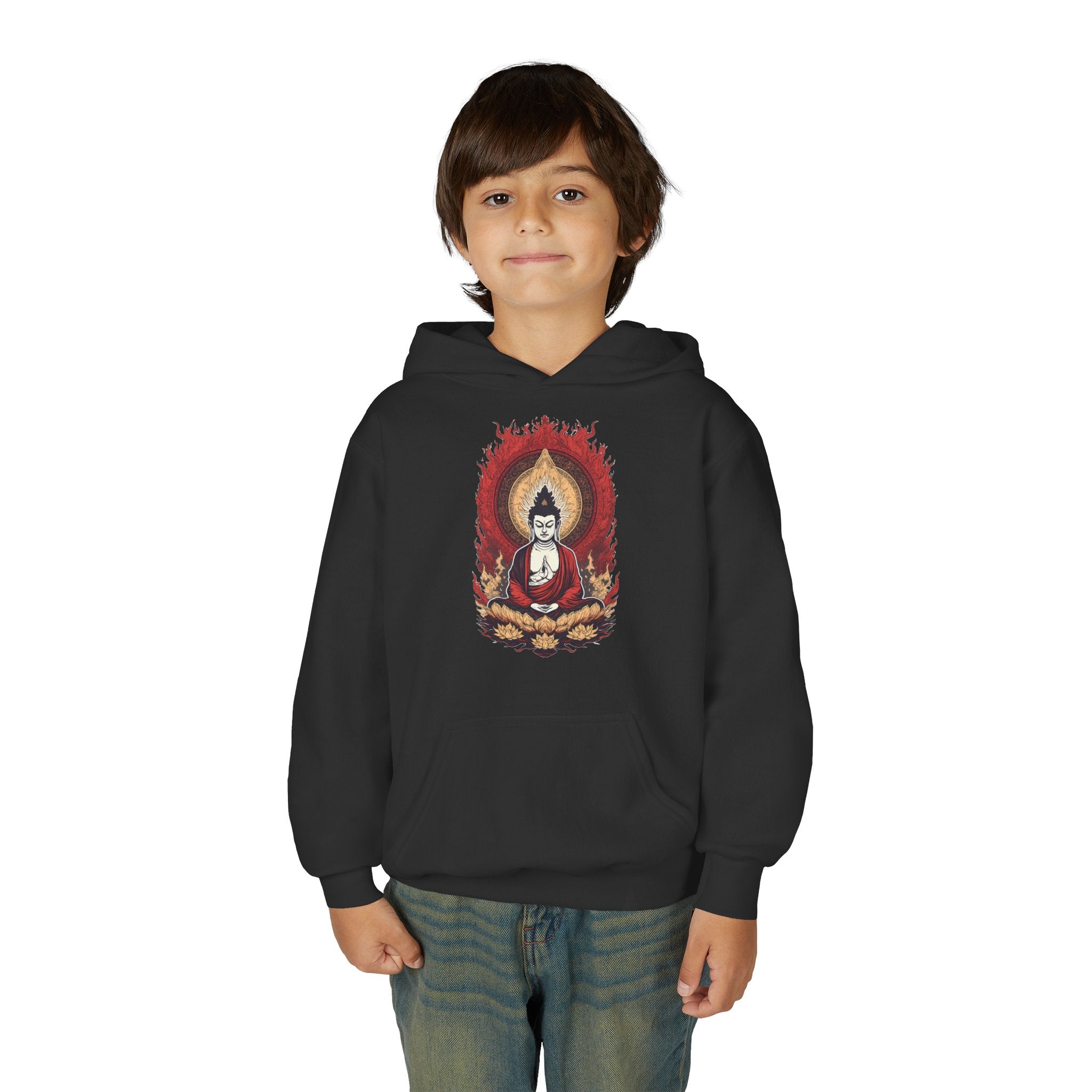 Buddha Flame Youth Hoodie — Meditative Lotus Buddha Graphic Sweatshirt