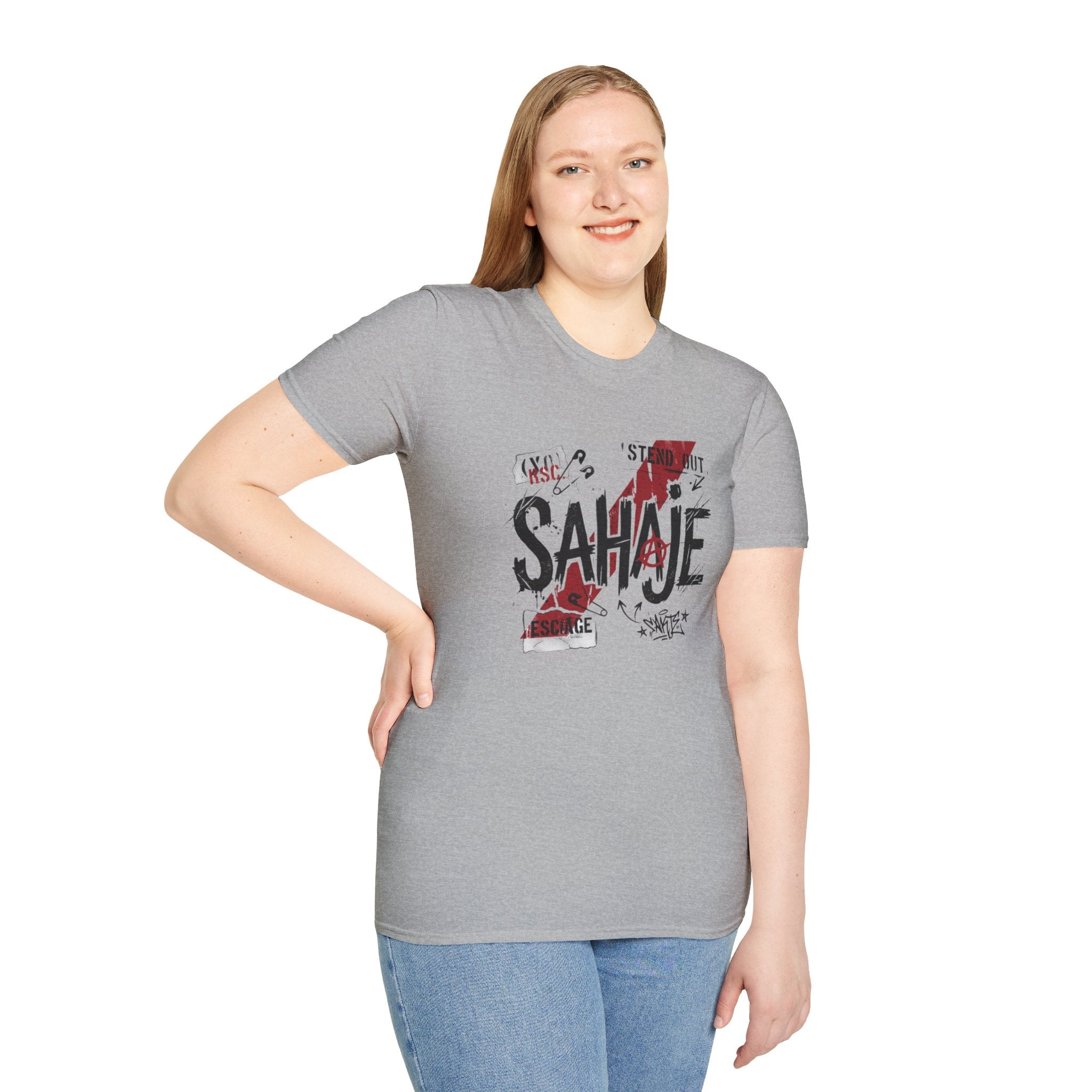 SAHAJE Graphic T‑Shirt — Distressed Red Accent Streetwear Tee