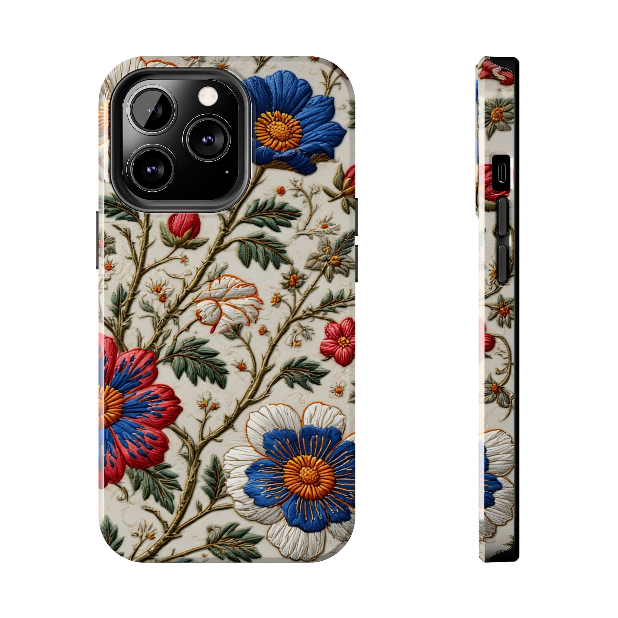 Floral Embroidery Tough Phone Case — Vintage Blue & Red Garden Design