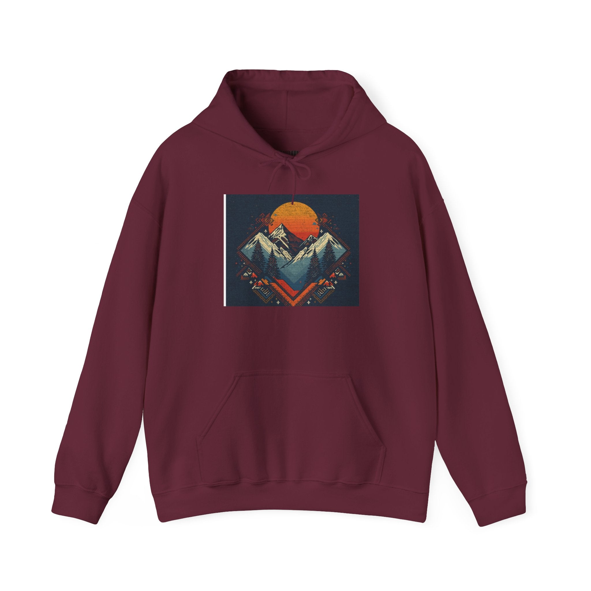 Mountain Sunset Hoodie – Retro Geometric Peaks & Rising Sun Sweatshirt