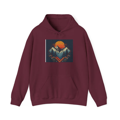 Mountain Sunset Hoodie – Retro Geometric Peaks & Rising Sun Sweatshirt