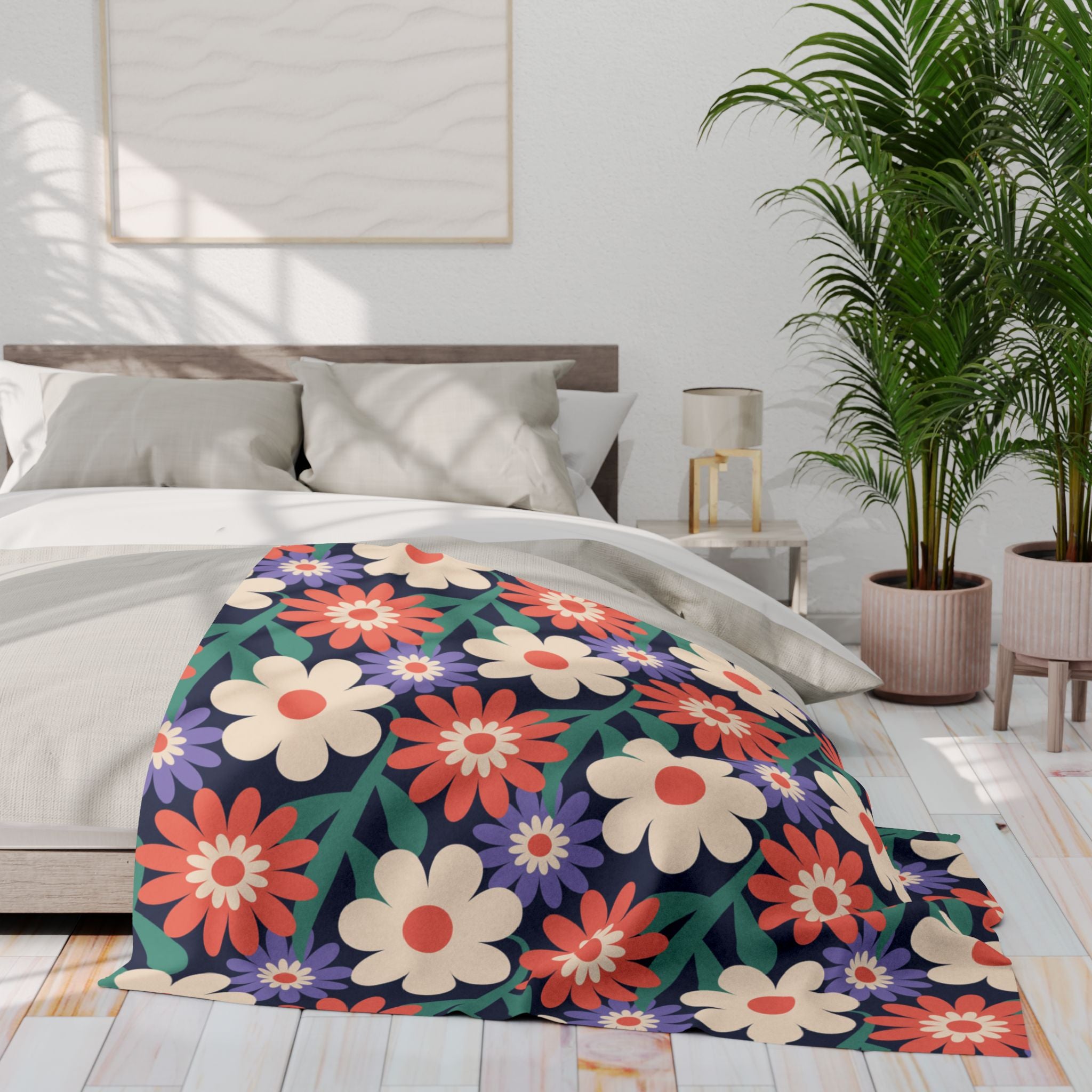 Floral Fleece Blanket — Retro Daisy Cozy Throw